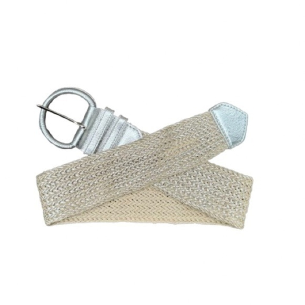 Boho Woven  Belt with Silver/cream Faux Leather Buckle